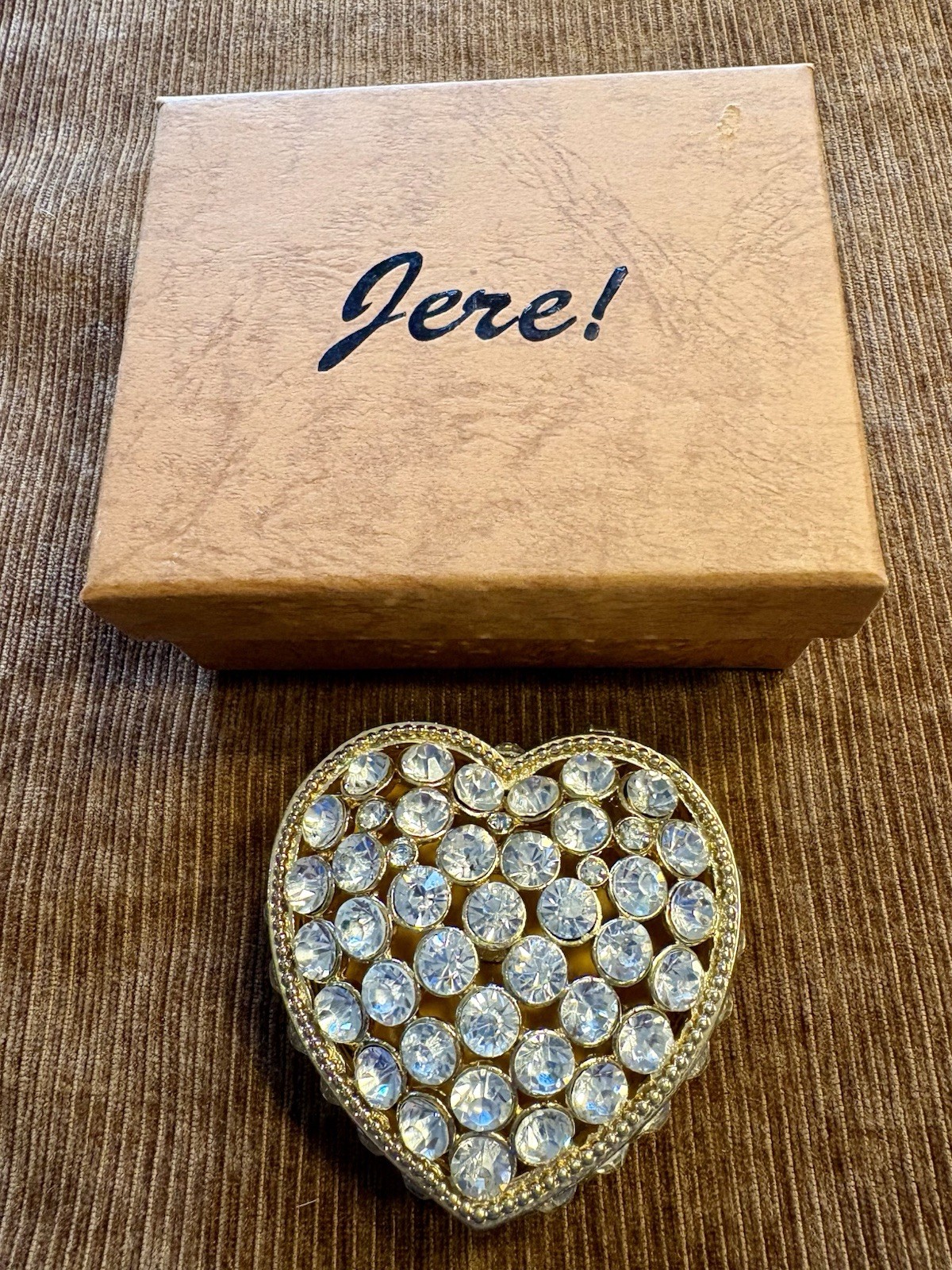 Jere Luxury Bejeweled Heart Trinket Box Gold Tone Crystal Rhinestone Hinged