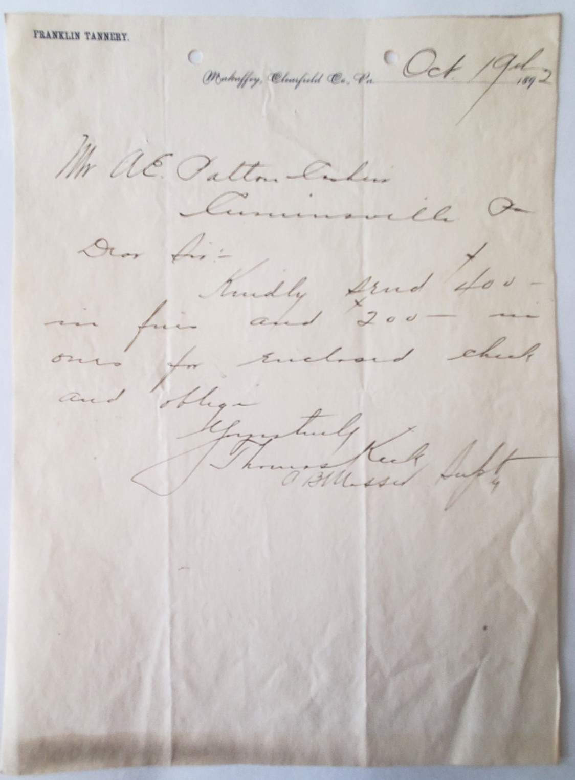 1892 Letter, Franklin Tannery, Mahaffey, Clearfield Co., PA