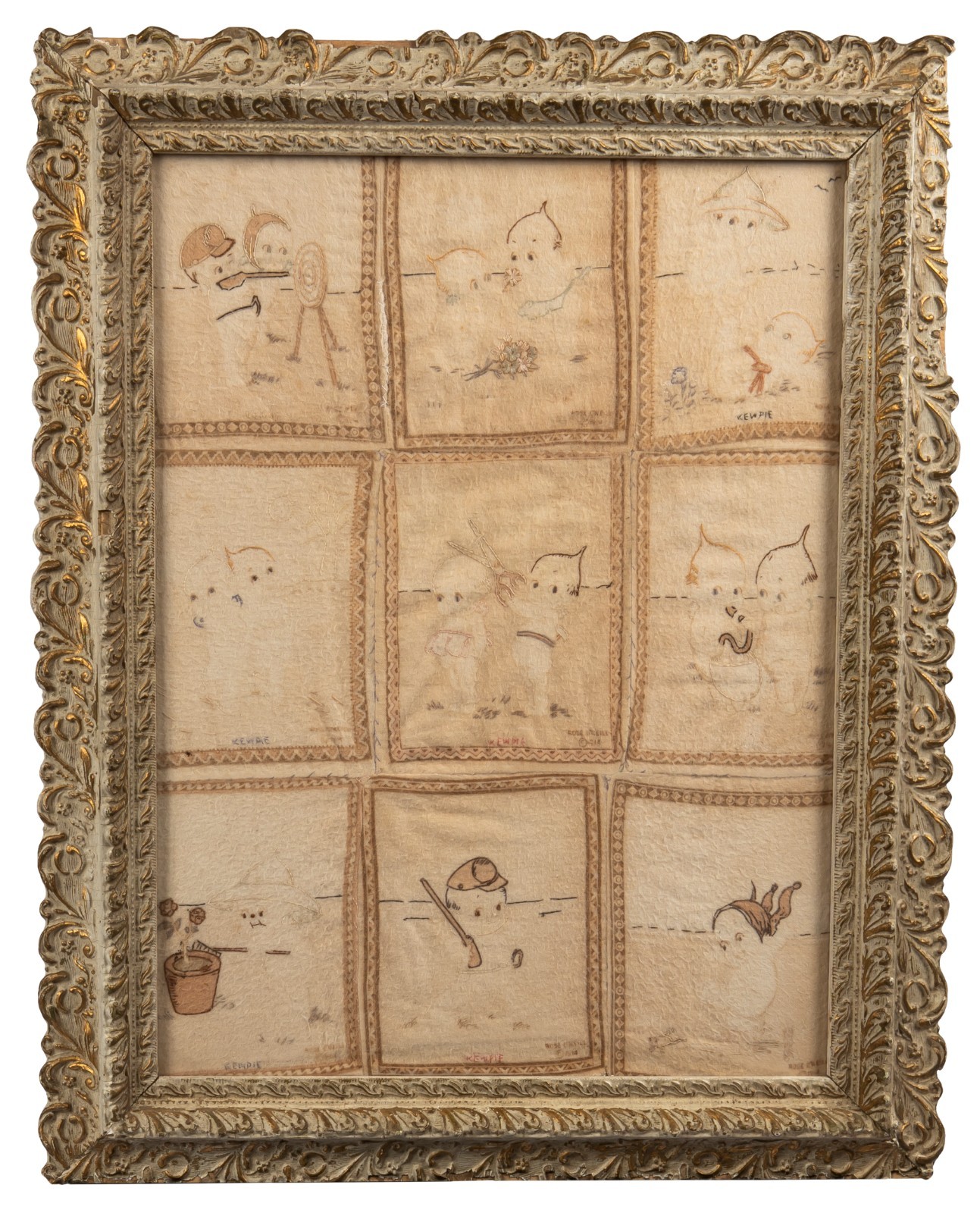 Antique Framed Presentation of Nine Rose O'Neill Kewpie Cigar Tobacco Felts