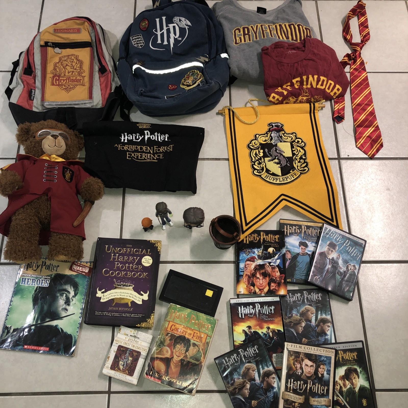 Huge Lot  Harry Potter ,Figures,DVD’S, Books,Tie, Book bags, Tote, Banner,Shirts