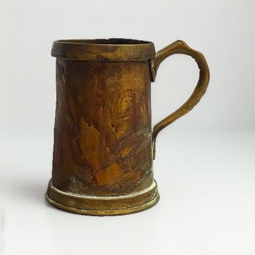 Antique Heavy Copper Tankard Mug, Brass Handle & Rim, Stamped 23 GR Crown QUART