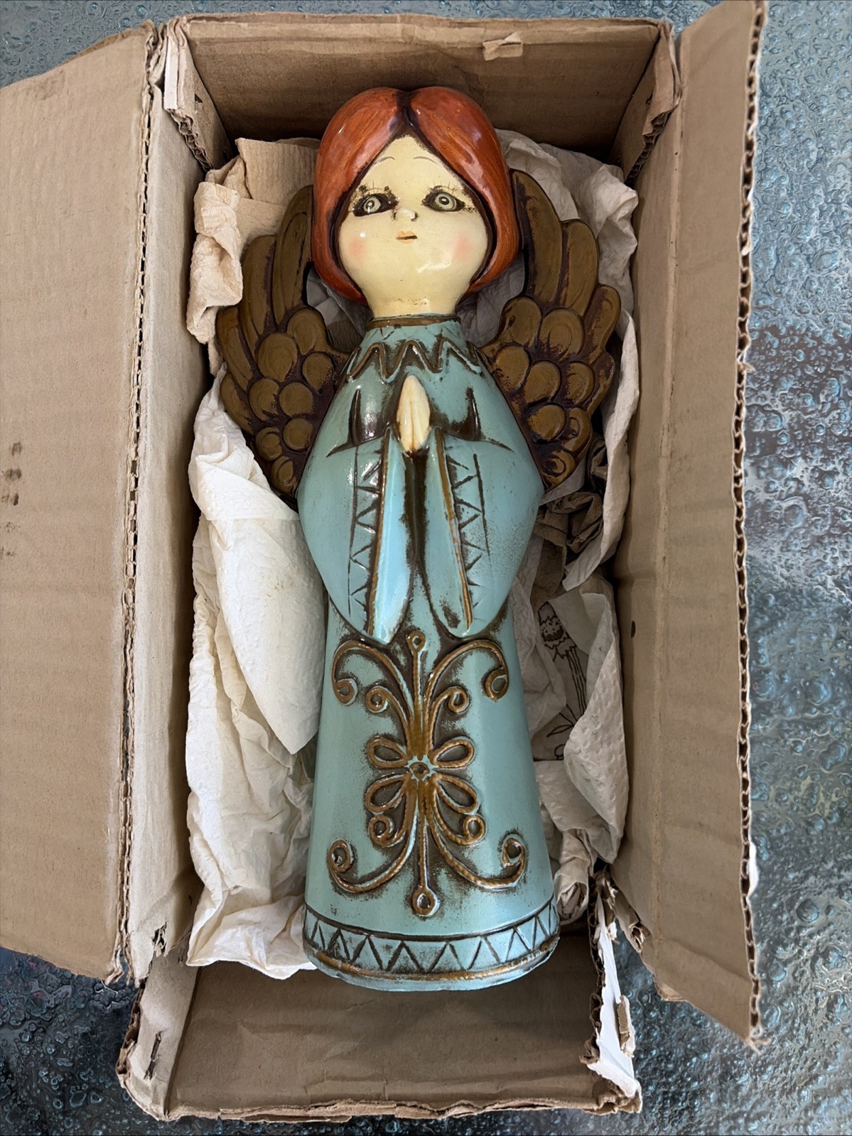 Vintage ARDCO Angel Figurine Paper Mache Christmas Decoration Gold Tone 10” 70s