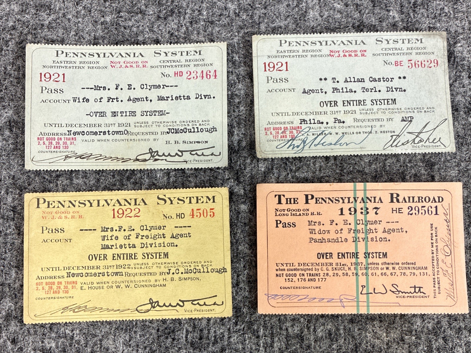 4 Vintage 1920s 1930s Railroad Train Passes Pennslyvania System Marietta OH