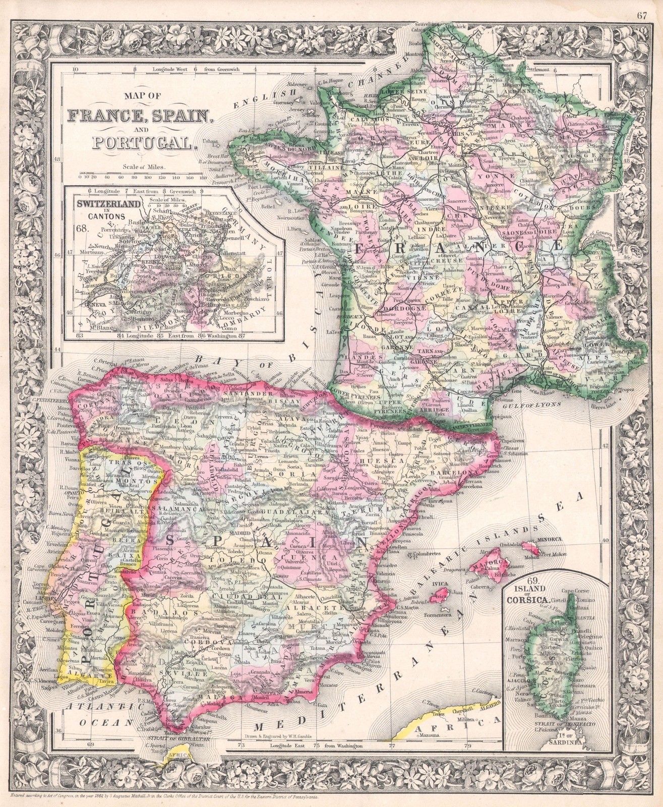France Spain Portugal 1862 Mitchell\'s Atlas Vintage Map Reprint Wall Art