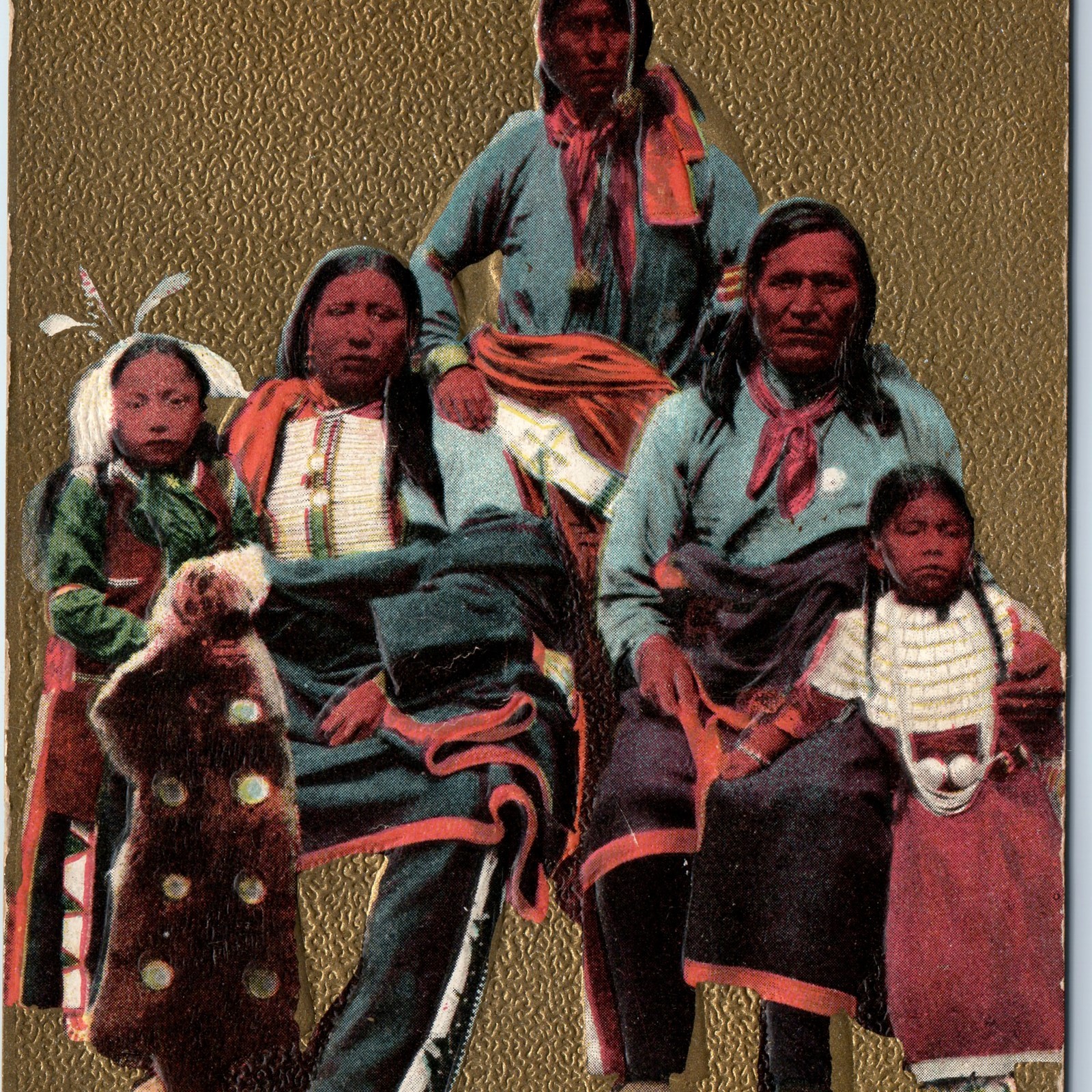 c1910s Native American Family Group Postcard Embossed Traditional Dress Portrait