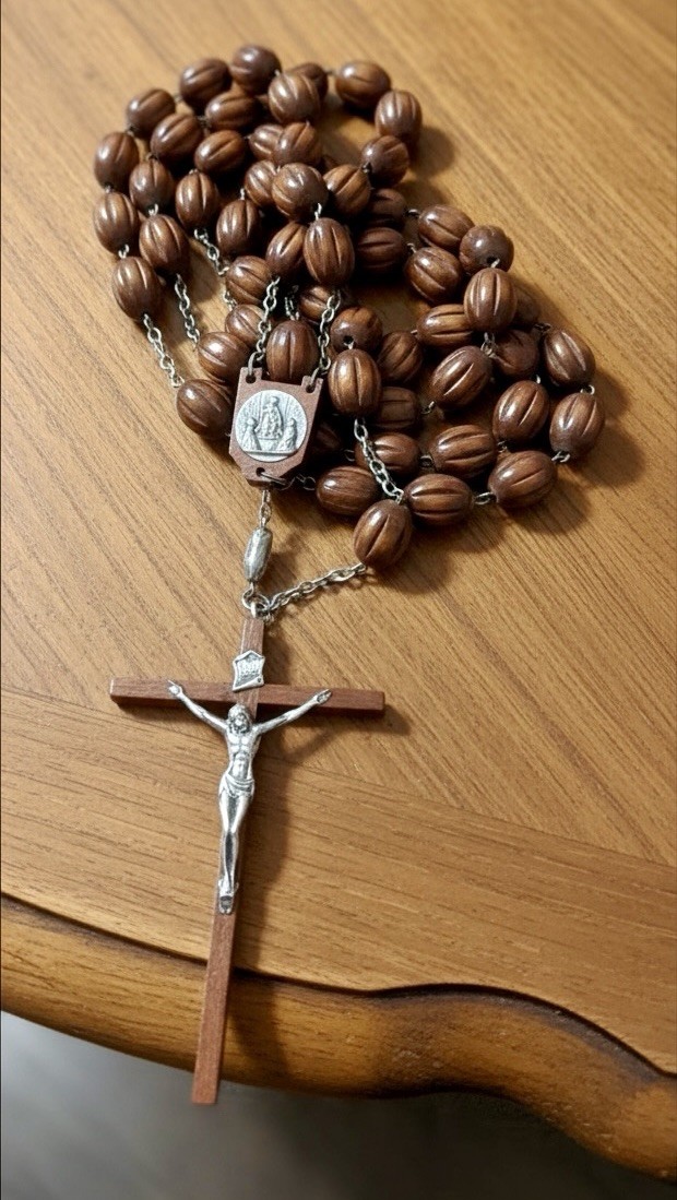 Large VTG Catholic Wall Hanging Rosary & Carved Wood Beads & Metal Crucifix 57” Large VTG Catholic Wall Hanging Rosary & Carved Wood Beads & Metal Crucifix 57”