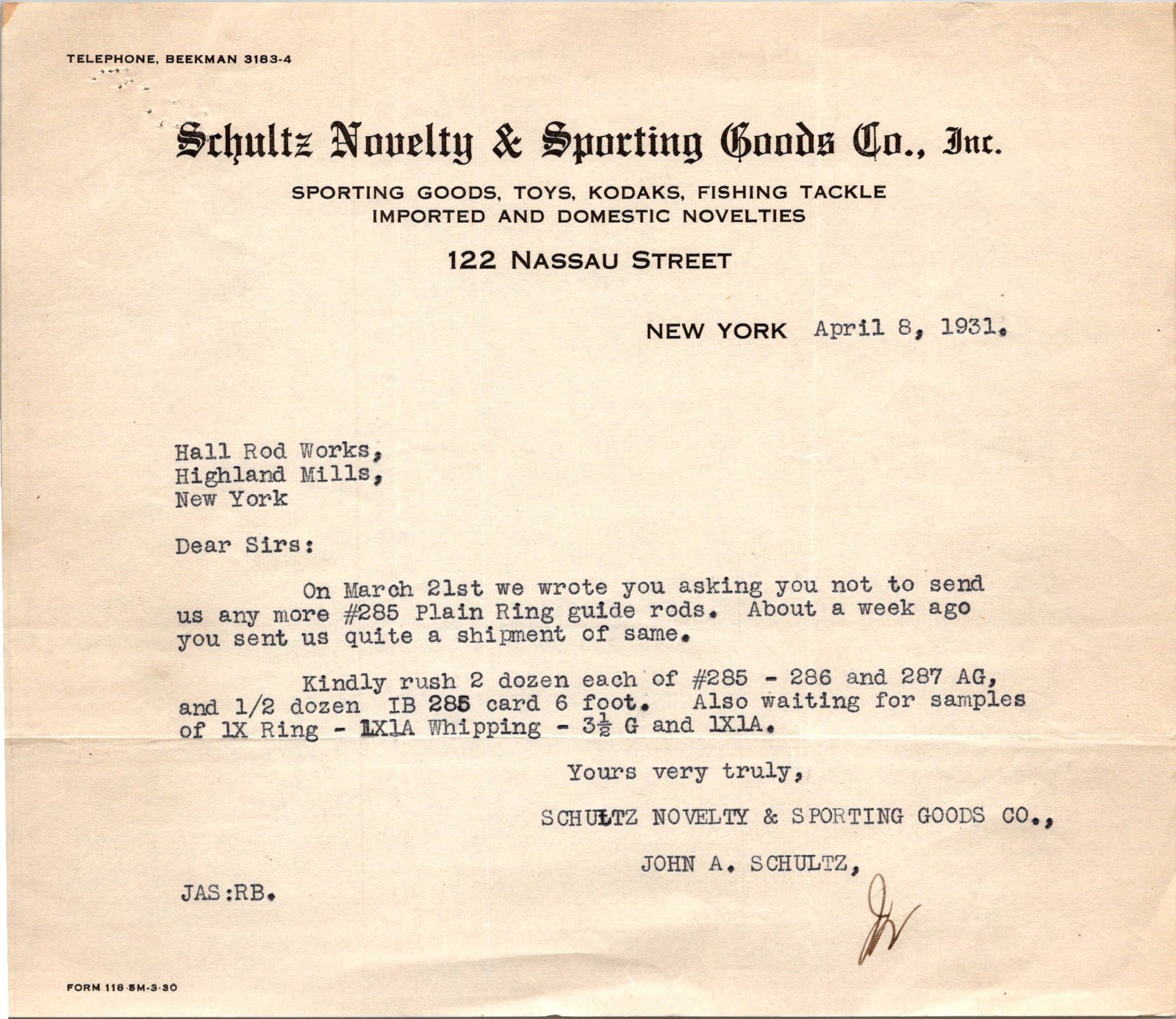 Schultz Novelty & Sporting Goods Co Inc 1931 NY Antique Letterhead Billhead TC22