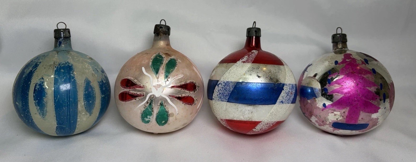 4 VTG Christmas Mercury Glass Ornaments Mixed Lot Poland Mica Painted Stencil 3”