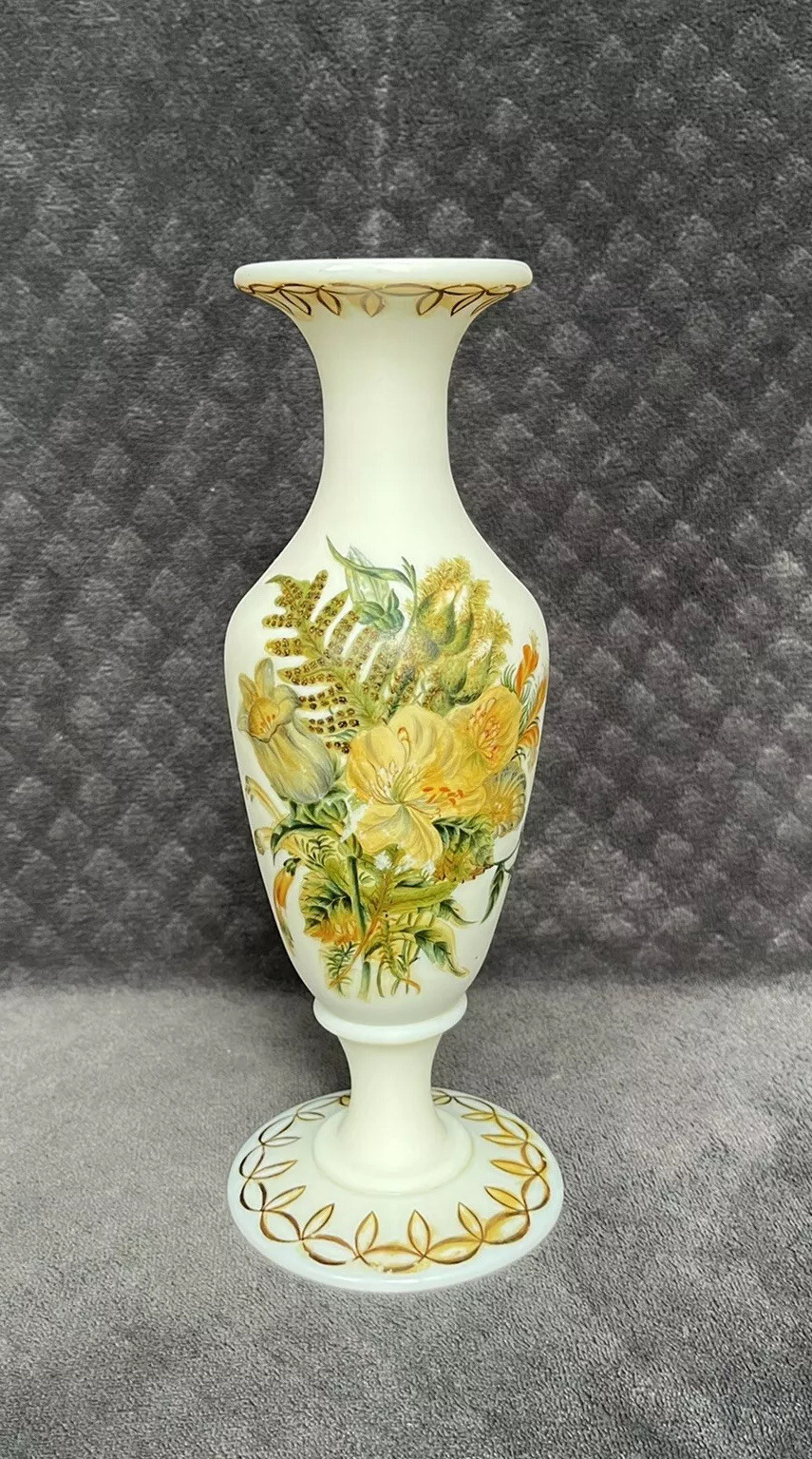 19th Century French Hand Blown White Opaline Art Glass Hand Painted Floral Vase