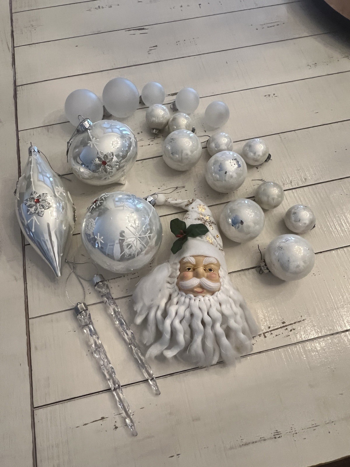 VTG 21 White Silver Glass Christmas Ornaments Lot Santa Head Icicles Snowflake