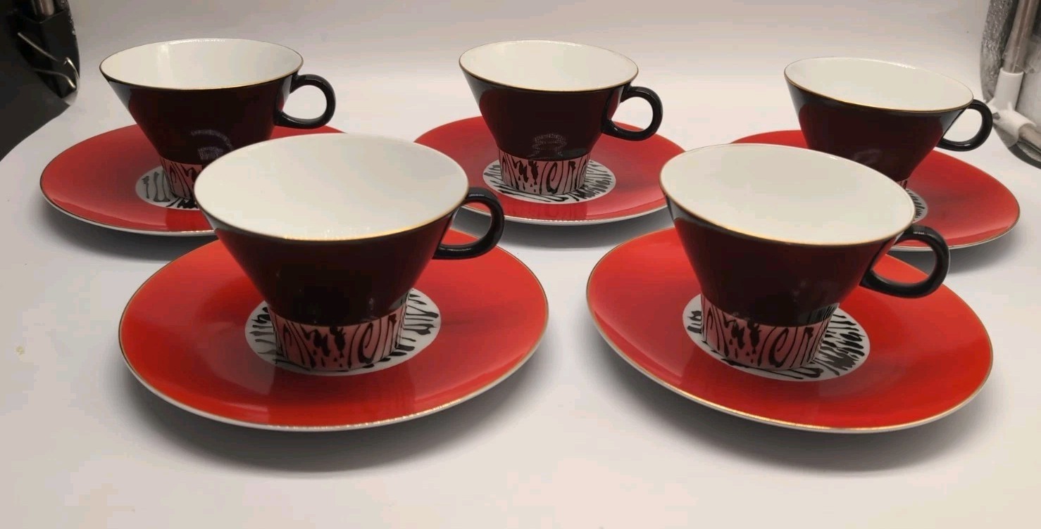 Vtg MCM Noritake Nippon Toki Kaisha Harlequin Scarlet Red Black Service For 5