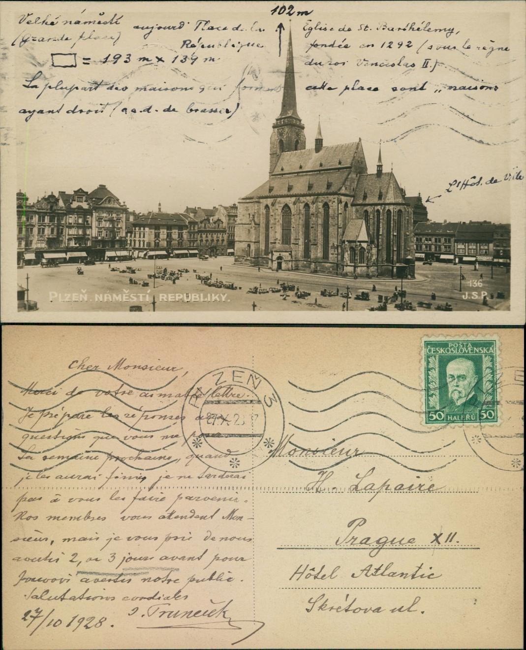 Postcard Pilsen Plzeň Square of the Republic 1928