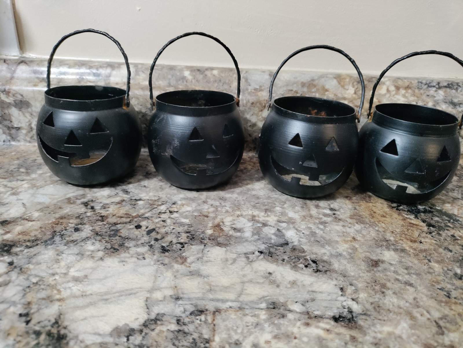 Lot Of 4 Vintage Hosley  Metal Jack-O-Lantern Candle Holders Casts Shadows USA