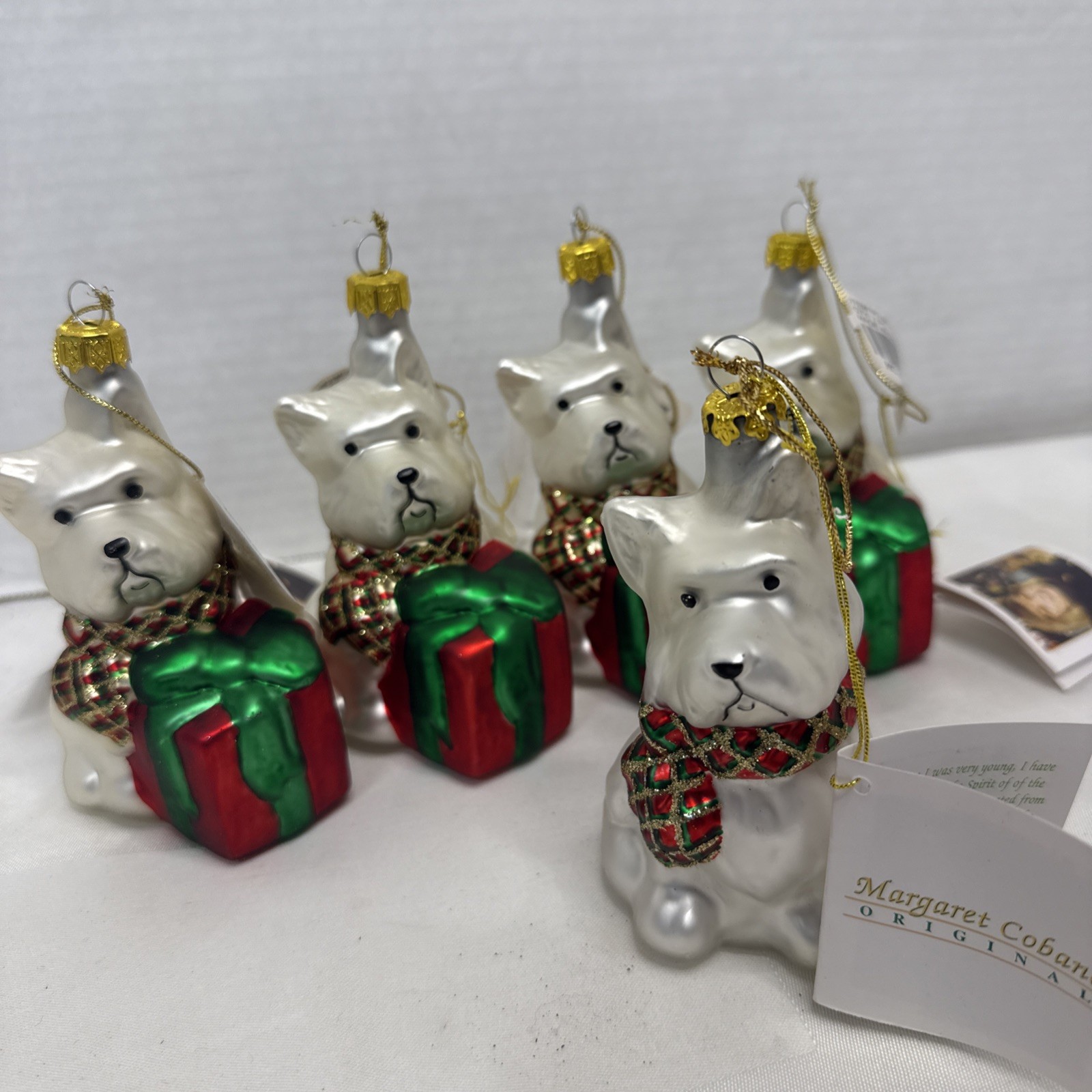 Vintage Margaret Cobane Westy Dog Scottish Christmas Glass Ornament Set 5