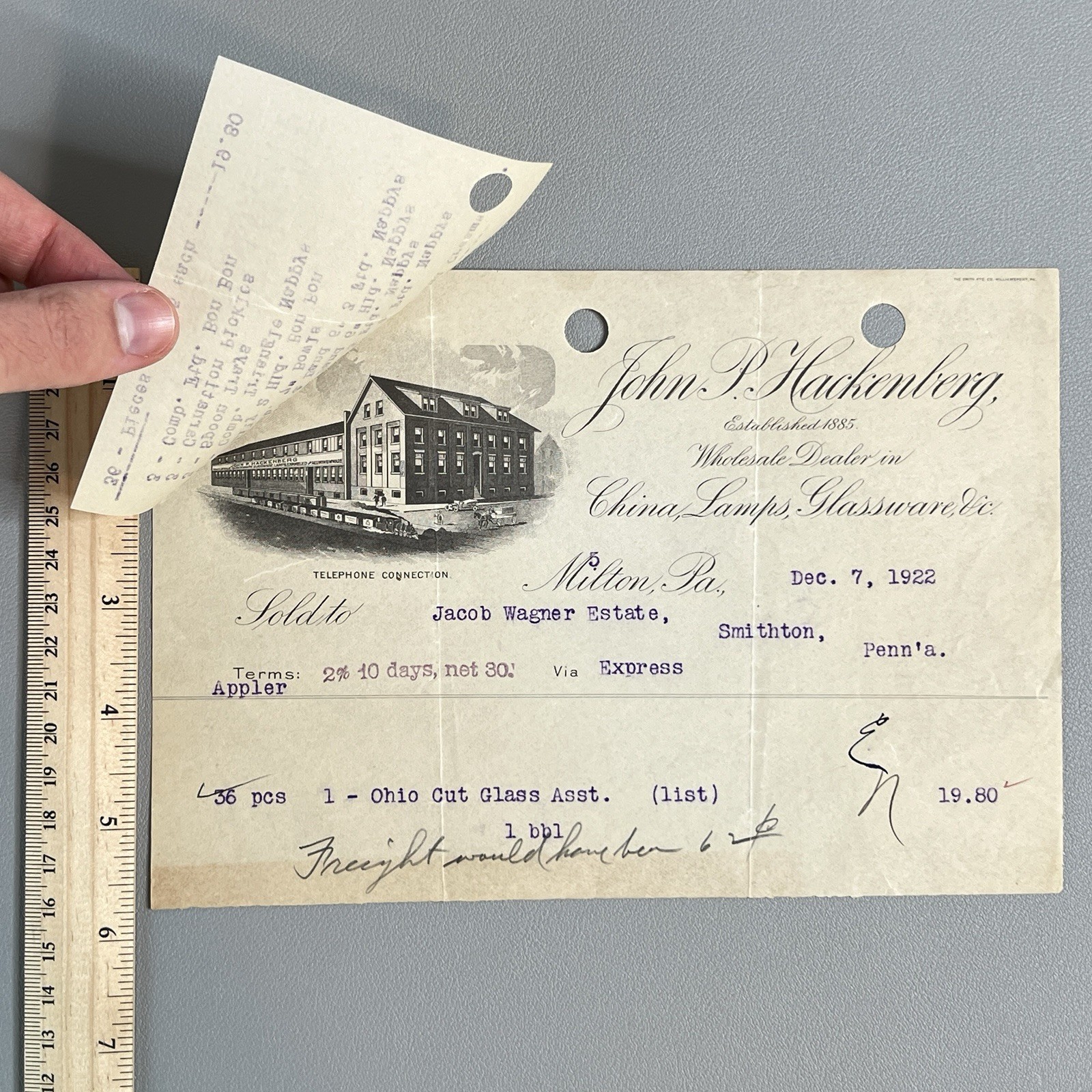 Vtg 1922 Billhead Invoice John P Hackenberg Milton PA Ohio Cut Glass Assortment
