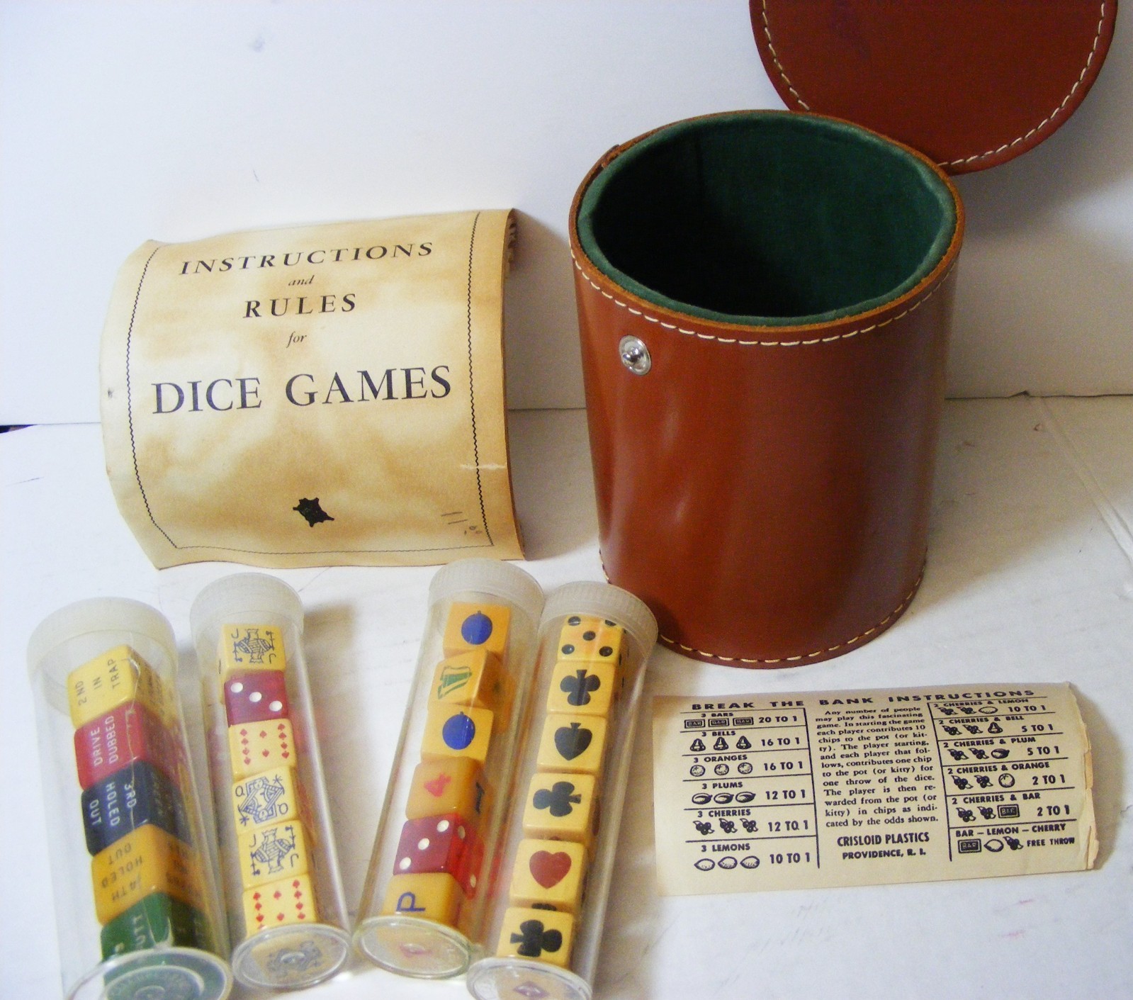 Vintage 24p DICE Game 4 clear Tubes Crisloid Plastics Bakelite & Lucite Leather Vintage 24p DICE Game 4 clear Tubes Crisloid Plastics Bakelite & Lucite Leather