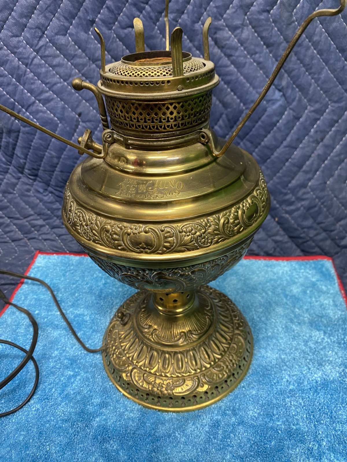 Antique Brass Miller New Juno Center Draft Oil Lamp Converted Electric 