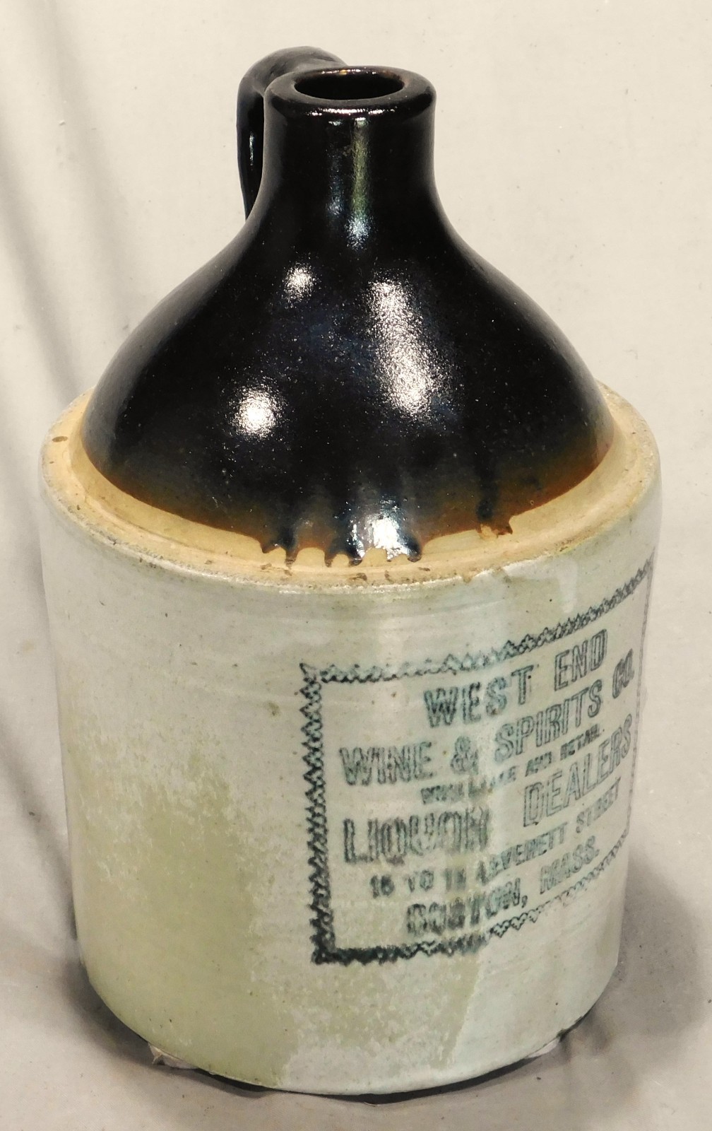 Antique 1 Gallon Stoneware Jug West End Wine & Spirits Boston Albany Glaze c1908