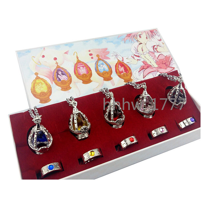 Anime Cosplay Puella Magi Madoka Magica Soul Gem 5 Necklace + 5 Rings With BOX Anime Cosplay Puella Magi Madoka Magica Soul Gem 5 Necklace + 5 Rings With BOX