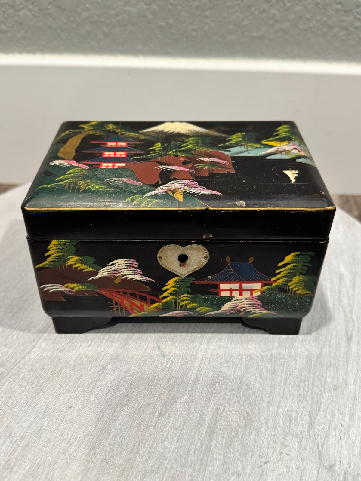 Vtg 1950s Japanese Black Lacquer Musical Jewelry Box – Painted Mirror, Working