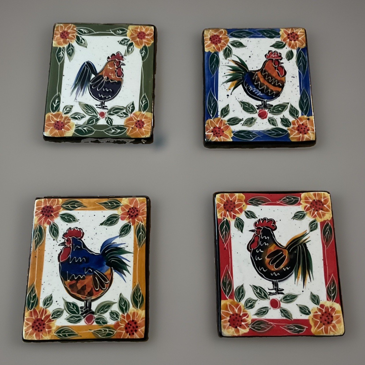 Vintage 2001 Julie Ueland Enesco Rooster Ceramic Trivets Wall Plaques Set of 4