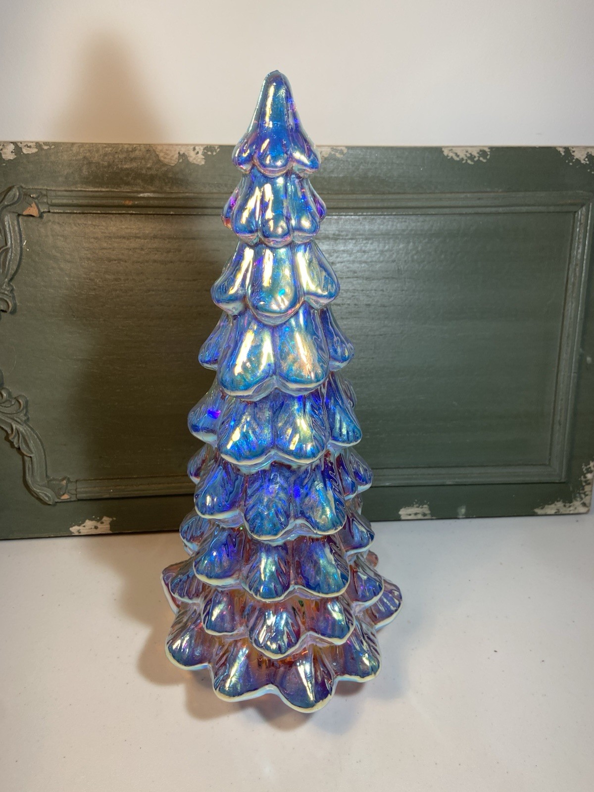 Iridescent Blue Lighted Glass Tabletop Christmas Tree