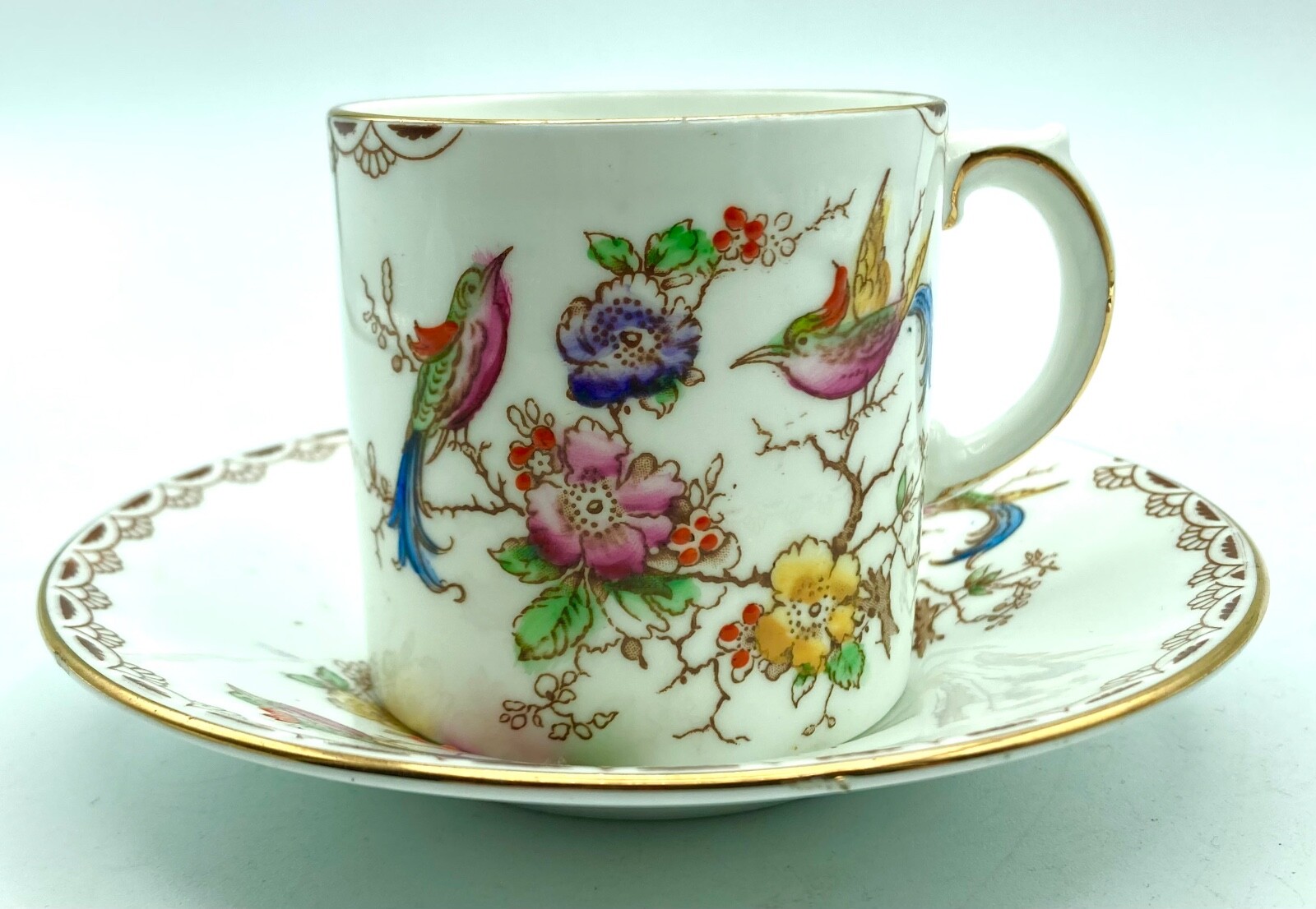 Antique Espresso Demitesse Cup and Saucer Hand Painted Birds Bone China England