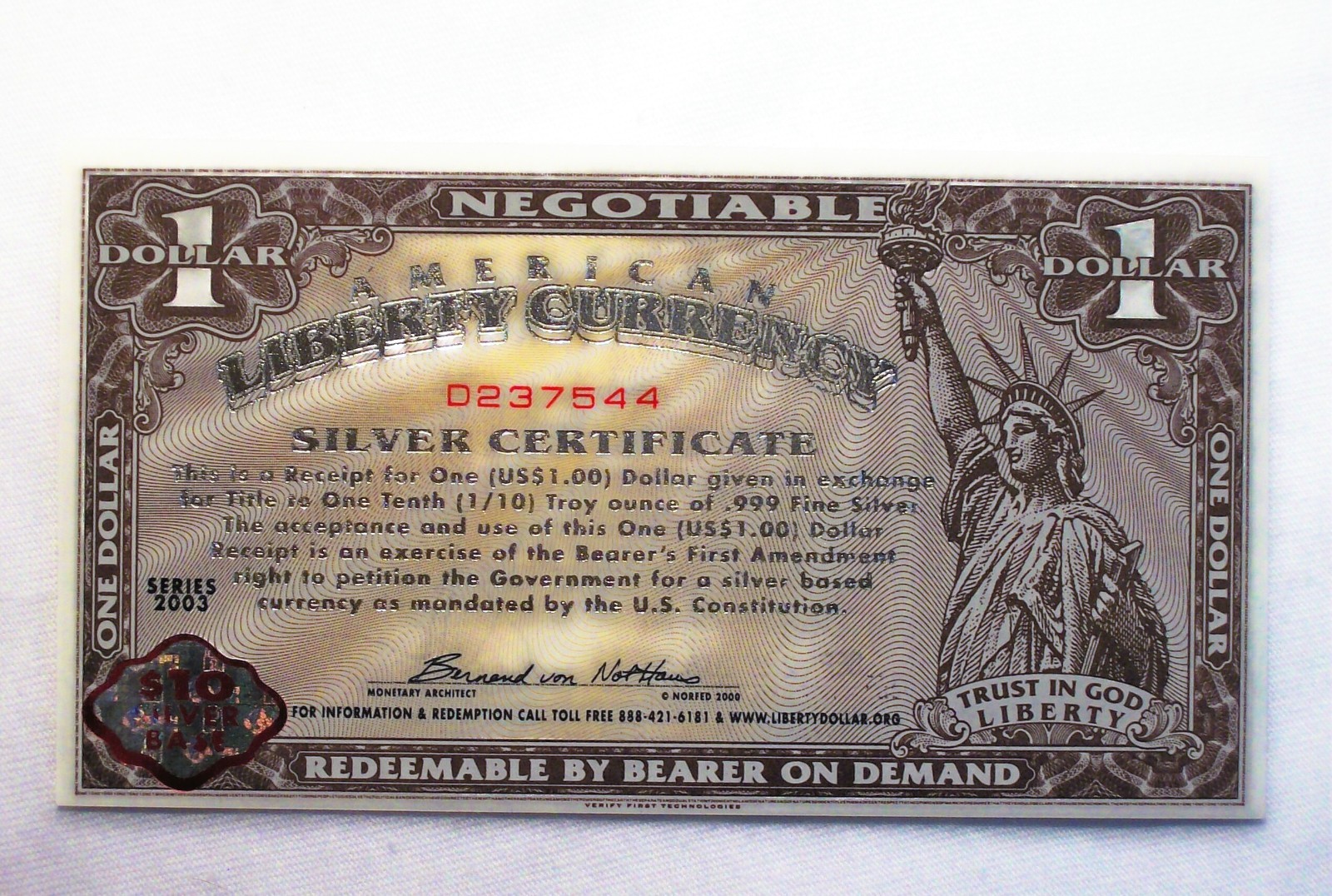 NORFED - 2003 Series - American Liberty Currency $1 Silver Certificate