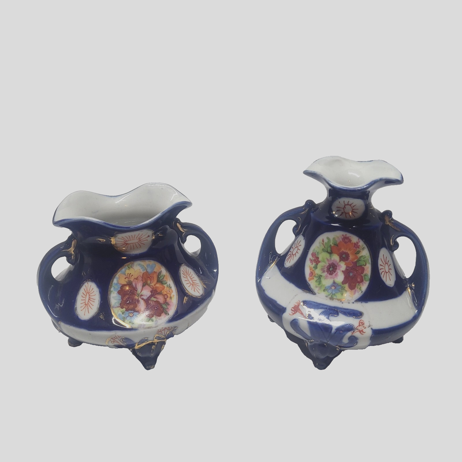 Antique Vintage Japanese Cobalt Blue Porcelain Hand Painted Floral Vases Pair Antique Vintage Japanese Cobalt Blue Porcelain Hand Painted Floral Vases Pair