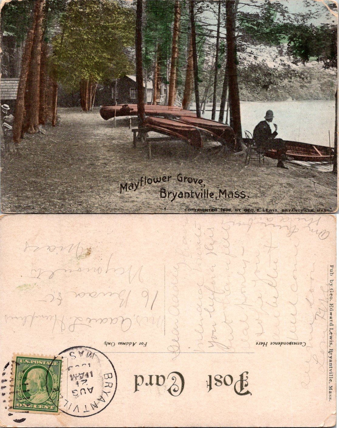 Mayflower Grove Bryantville Mass Postcard 1908 Geo T Lewis Postmarked Written