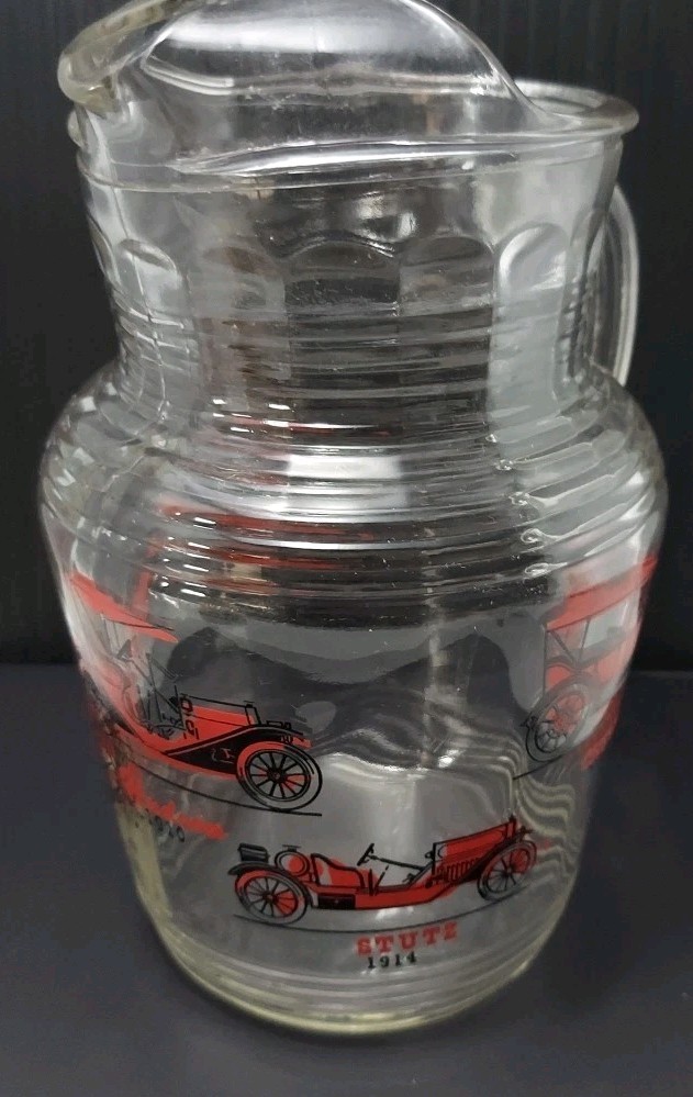 VTG  MCM Hazle Atlas Antique Cars glass Pitcher Chevy Buick Hudson Ford Stutz
