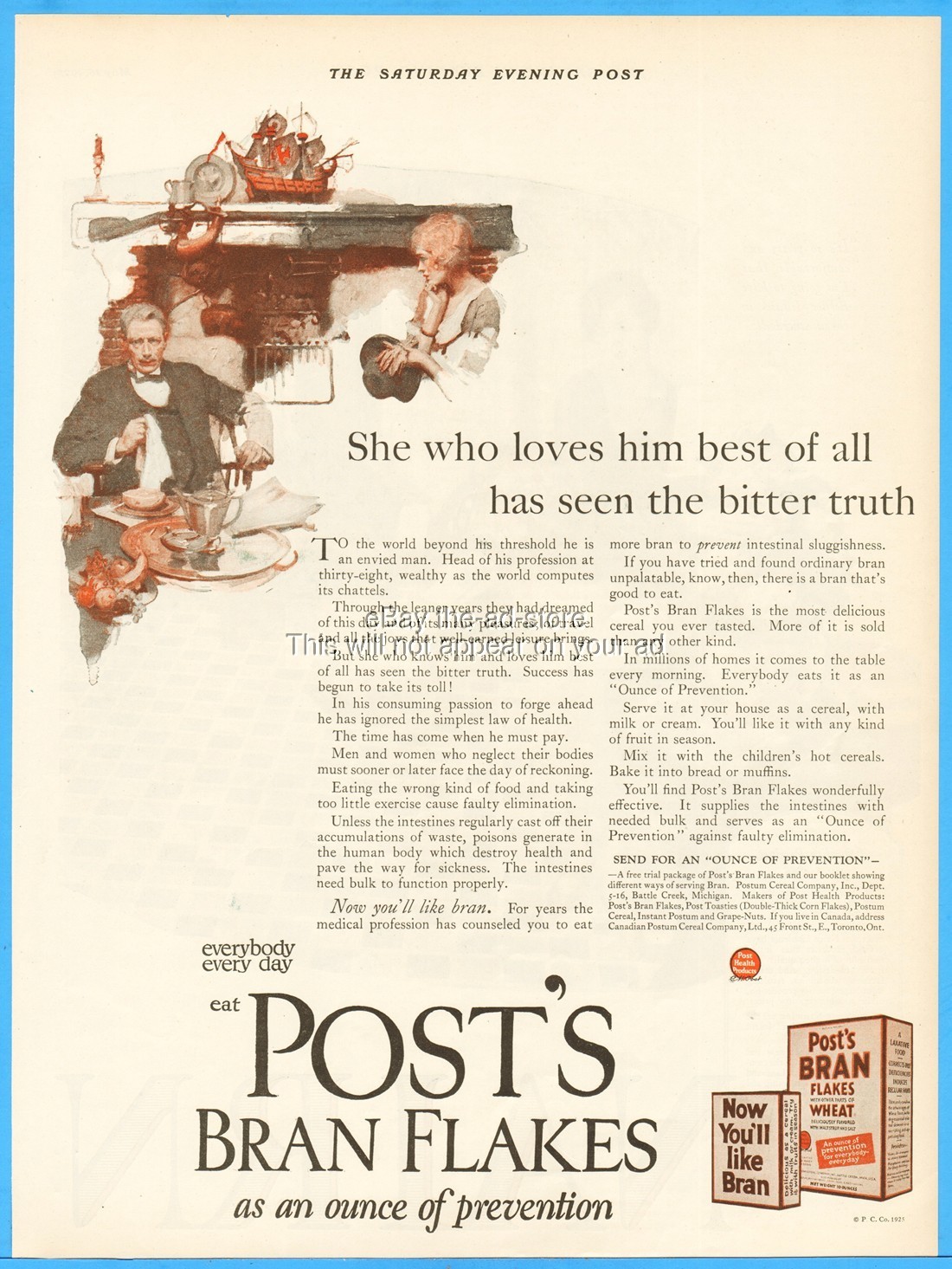 1925 Post\'s Bran Flakes Postum Cereal Co Battle Creek MI She Who Loves Him Ad