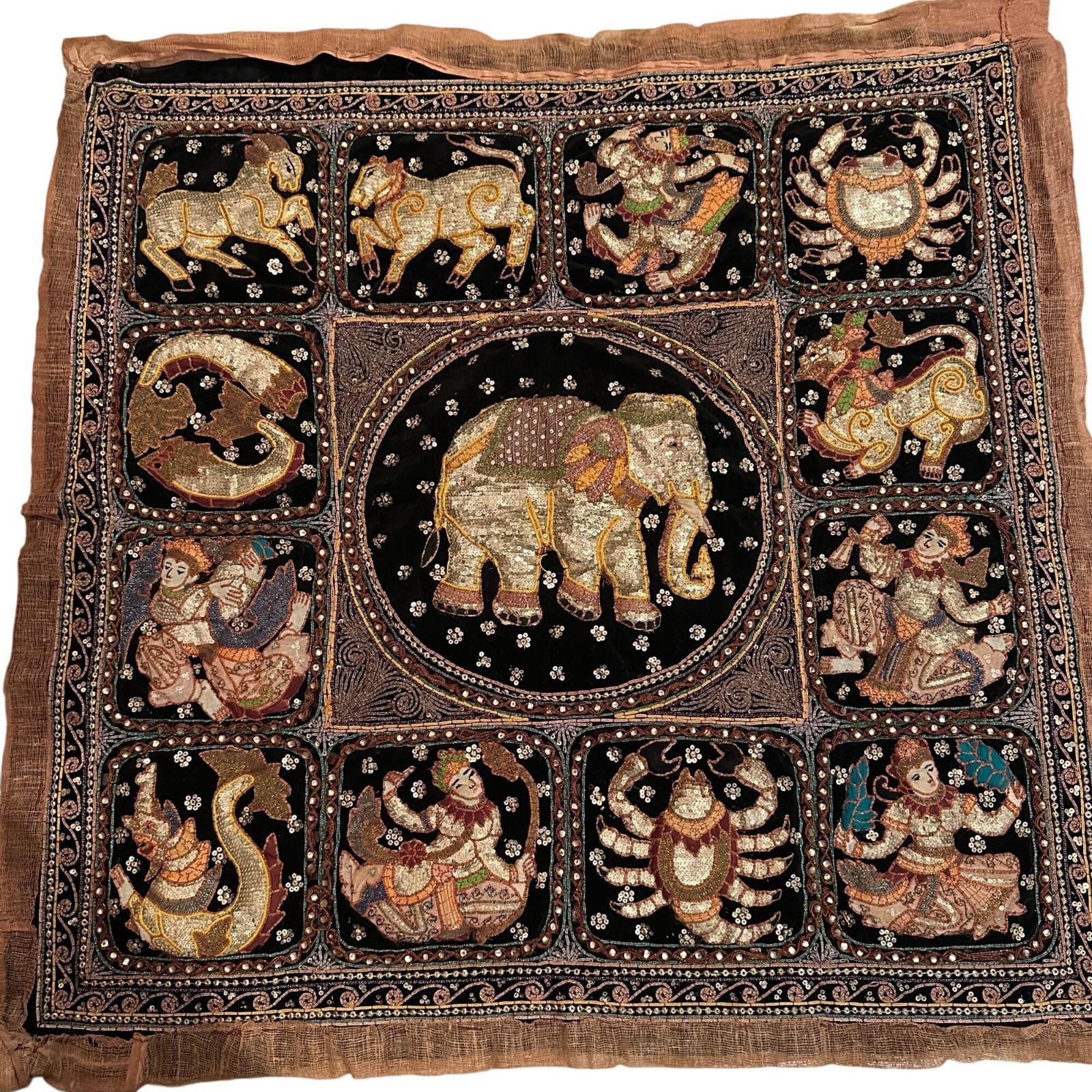 Indian Thai Zodiac Tapestry Vintage Zodiac Wall Decor Sequin Hand Embroidered