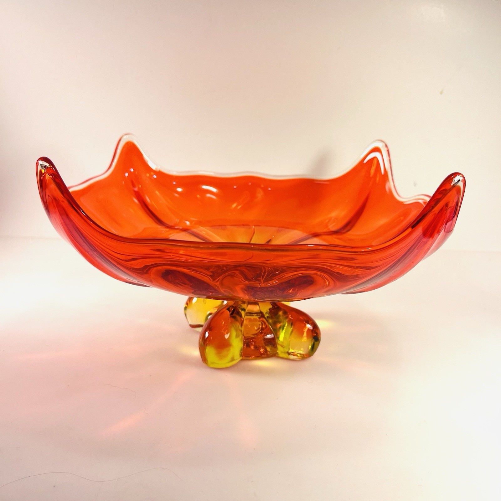 Vintage Viking Glass Epic Four Foils Square Persimmon Footed Compote Dish Vintage Viking Glass Epic Four Foils Square Persimmon Footed Compote Dish