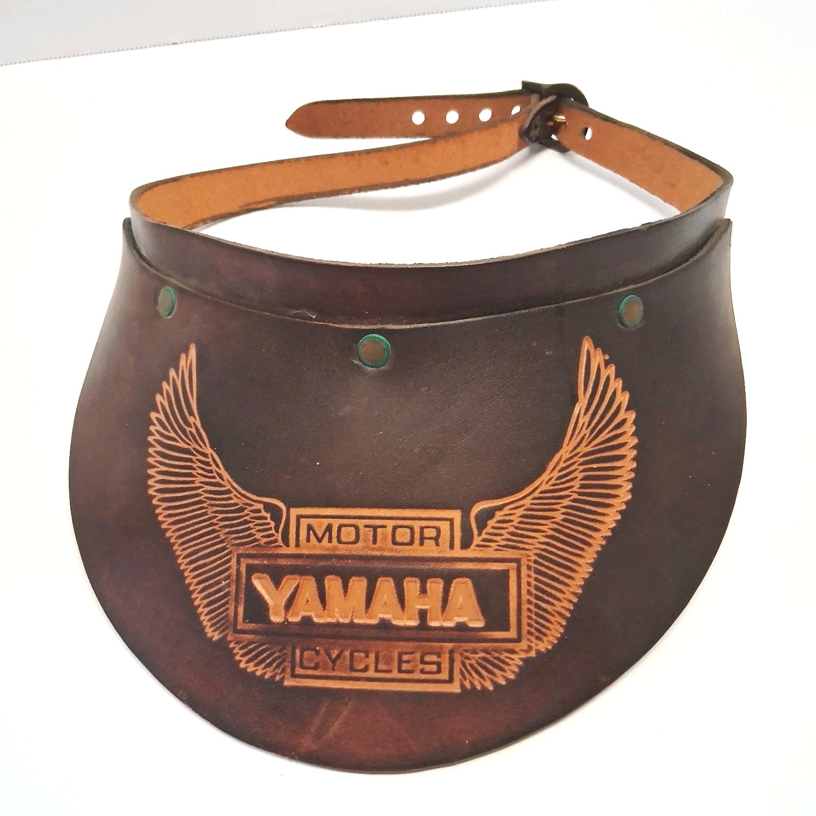 Vintage Tooled Brown Leather Motorcycle Visor YAMAHA Logo With Wings 1970's RARE