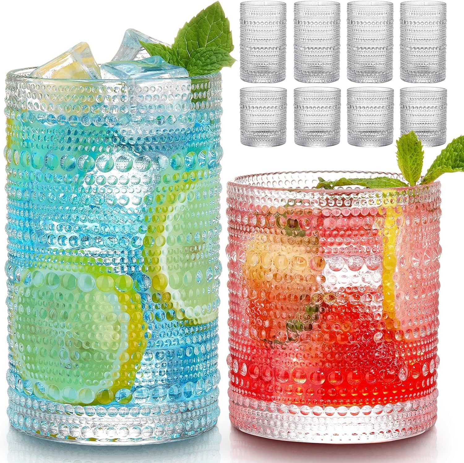 Hlukana Vintage Hobnail Drinking Glasses Set of 8, 12 oz 3 inches, Clear