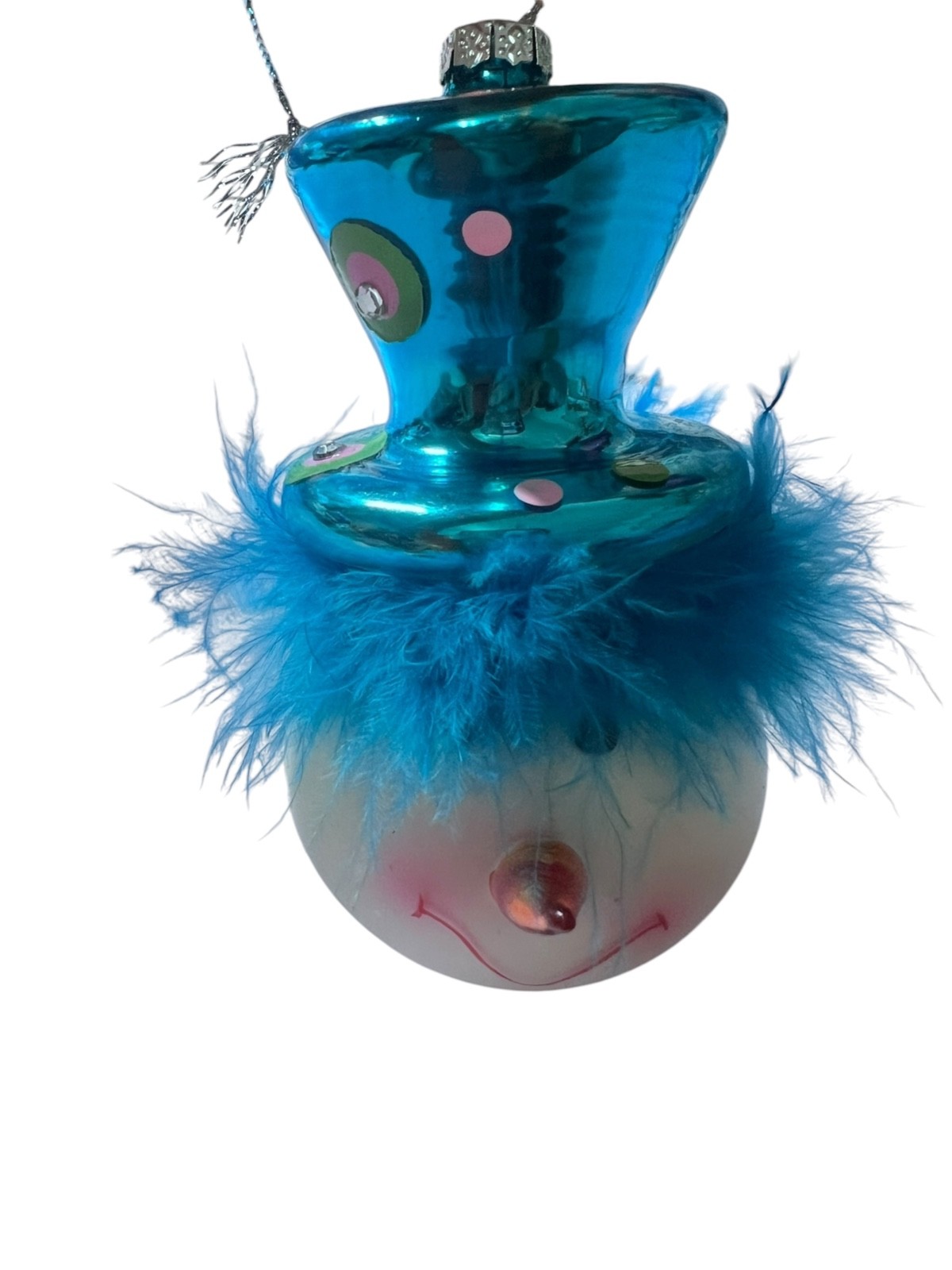 VTG Lauschaer Glaskugelhaus Snowman Blue Fur Ornament Whimsical Germay Rare
