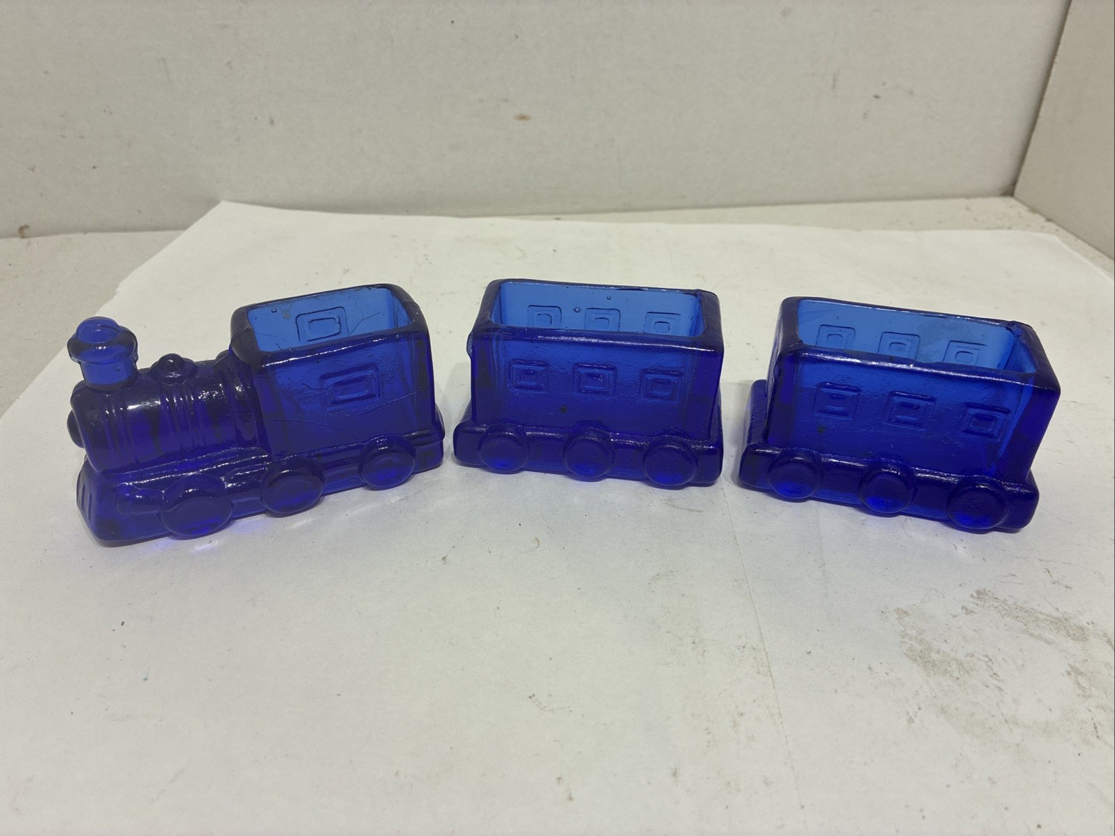 Vint. Cobalt Blue Glass Train 3 pcs Toothpick Sugar Pack Succulents Planter 10\