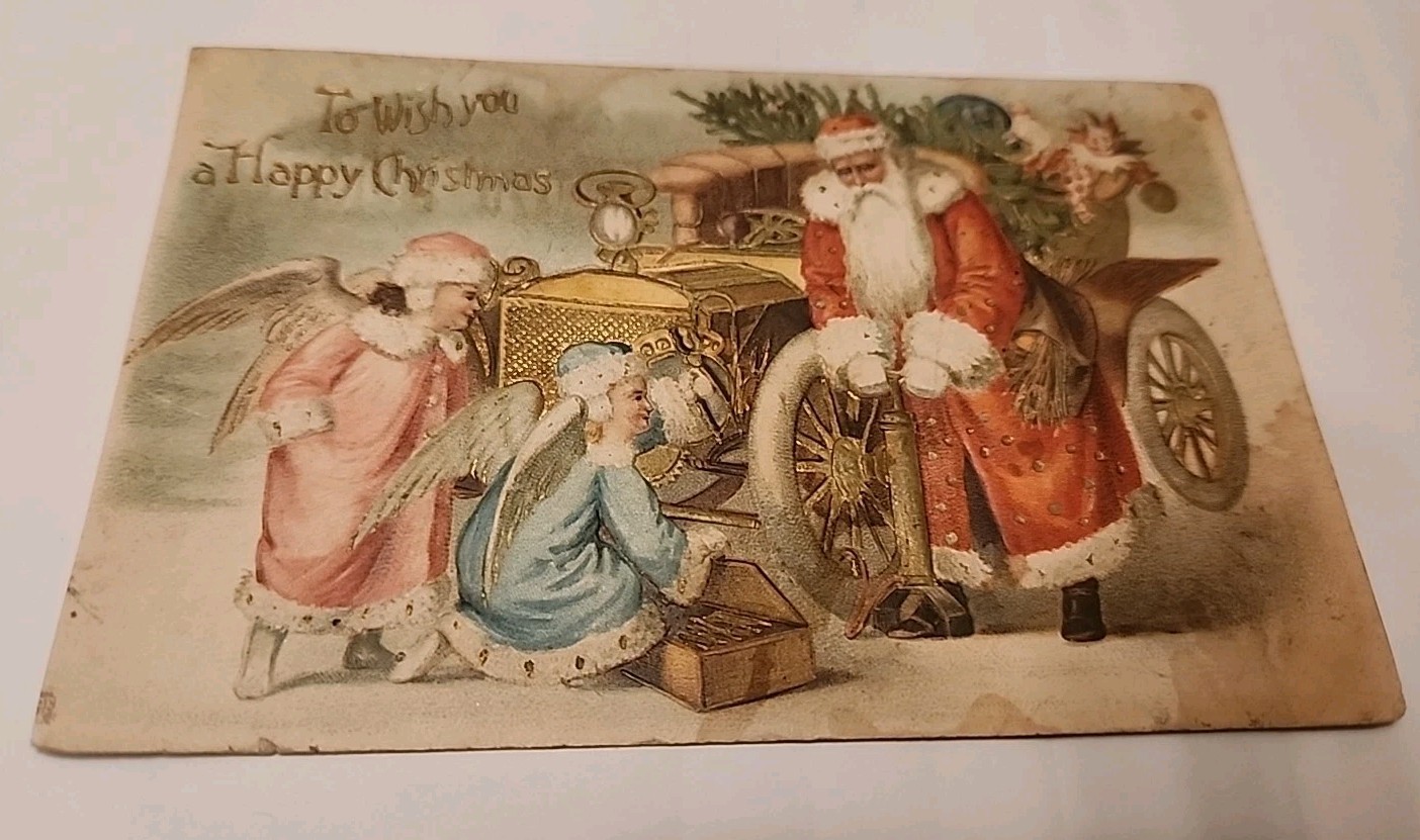 Long Red Robe SANTA Fixing Auto W/ Angels Postcard Used Cancelled Stamped 1909 Long Red Robe SANTA Fixing Auto W/ Angels Postcard Used Cancelled Stamped 1909