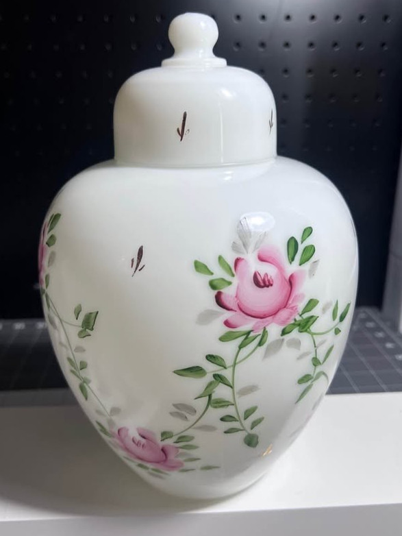 Vintage Consolidated Con-Cora Milk Glass Ginger Jar - Hand Painted Pink Roses