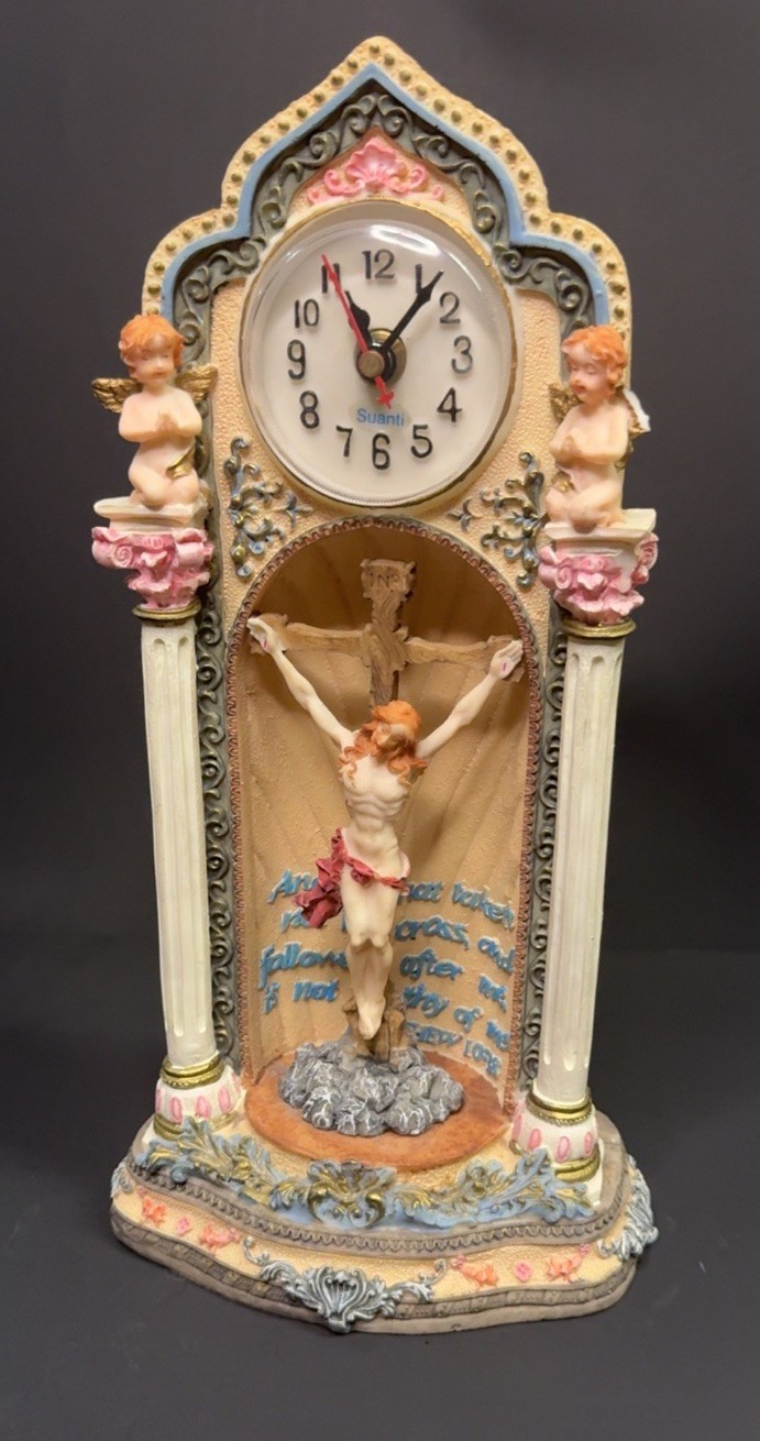 VTG Suanti Galleries Crucifixion Clock Statue Jesus on Cross Figurine Matthew