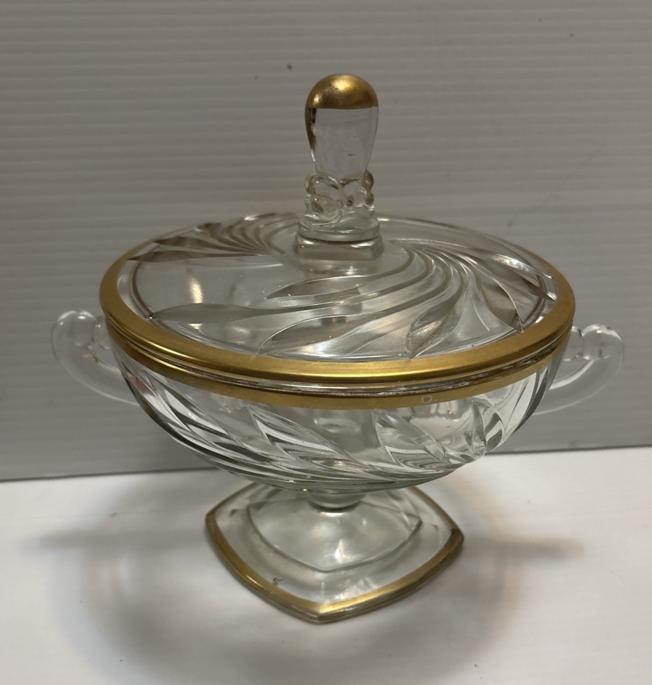 Vintage Indiana Glass Footed Compote Bowl Covered Dish Gold Trim Rare HTF Item