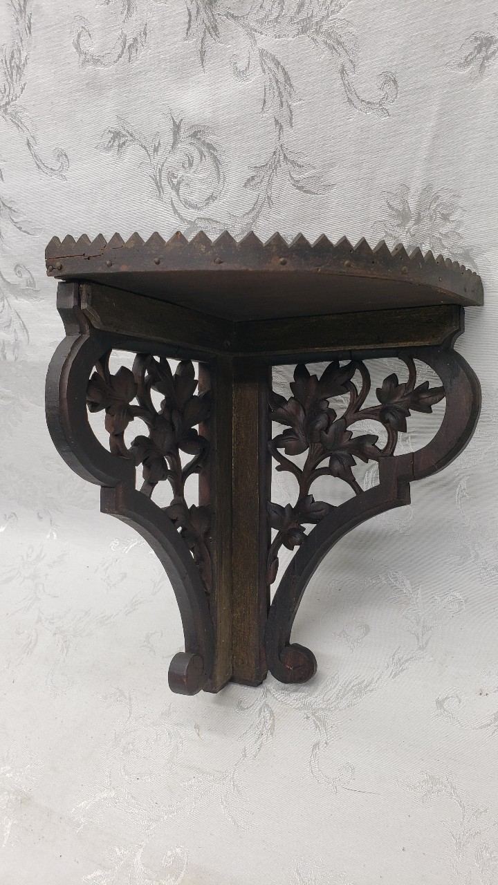 Antique Black Forest Shelf Hand Carved Wood Corner Leaf Motif 11