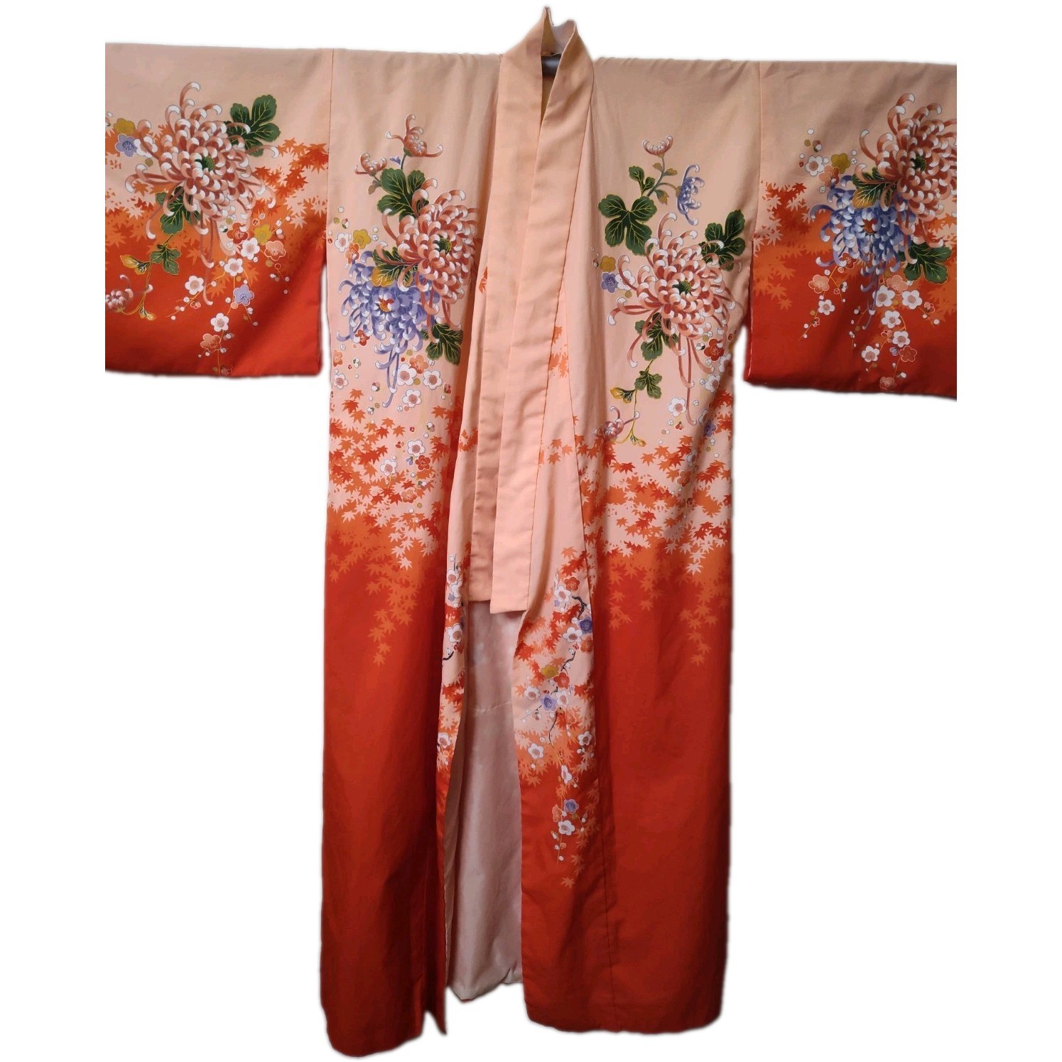 Vintage Japanese Kimono Robe Orange Floral   