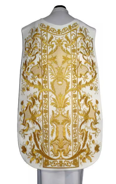 Roman chasuble white embroidered eucharistic motif, velvet