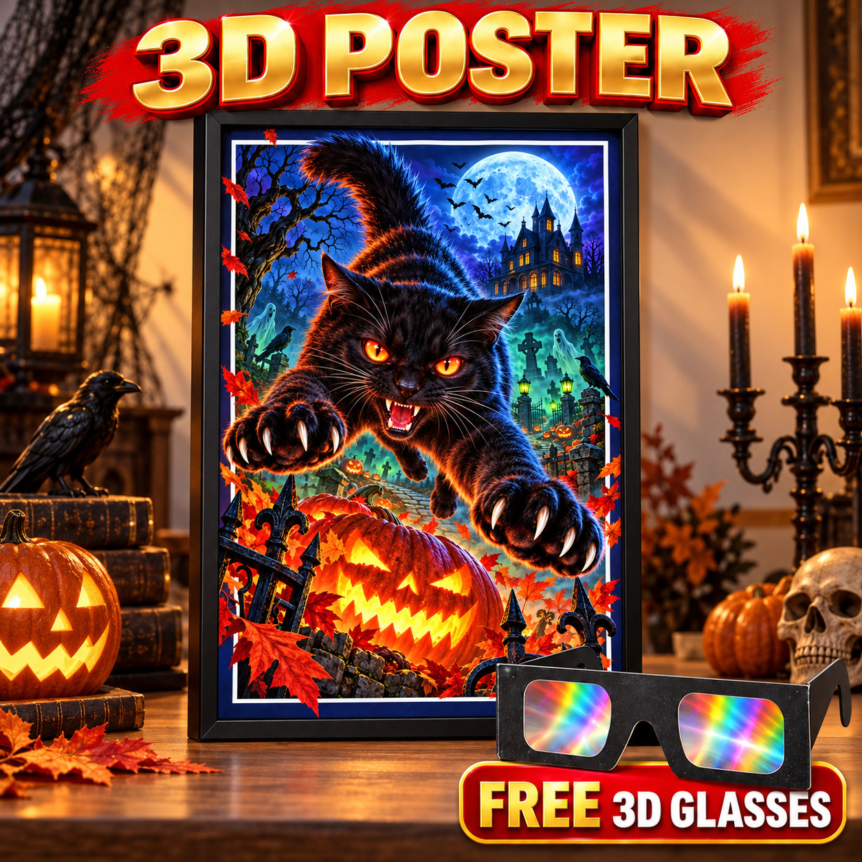 3D Halloween Black Cat Poster, Haunted Graveyard Art Print, 3D Glasses Included