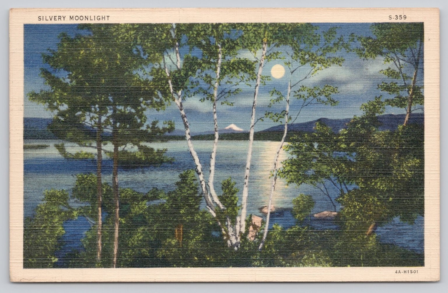Vintage Silvery Moonlight Lake Scene New Hampshire Linen Postcard 1937 CT