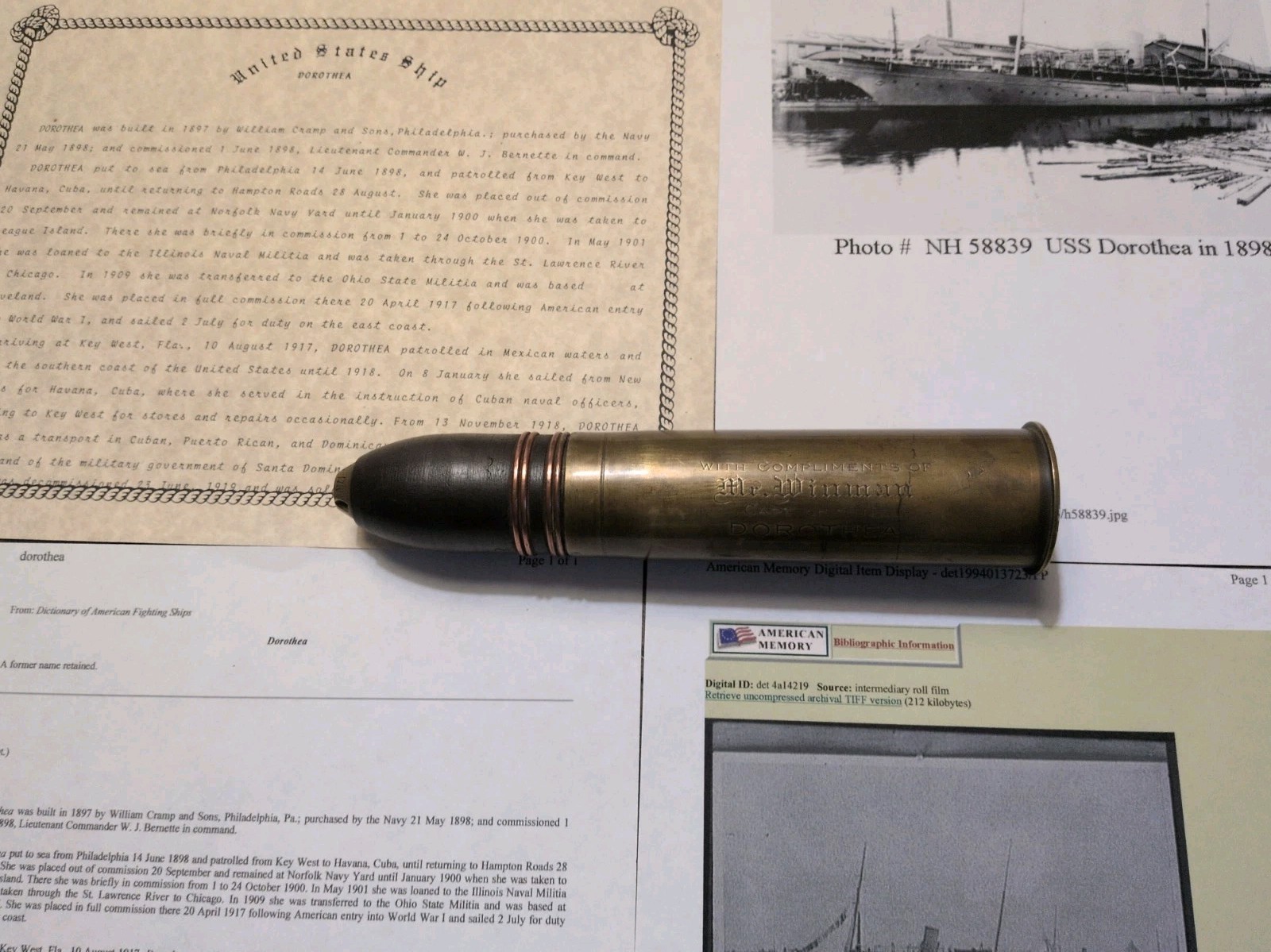 USS Dorthea 1898 Shell Dedicated To Captain 