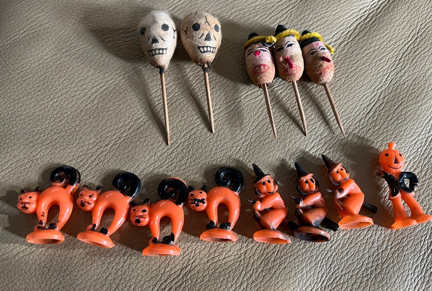 Vtg Lot Halloween Cupcake Toppers Spun Cotton Skull Witches & more 