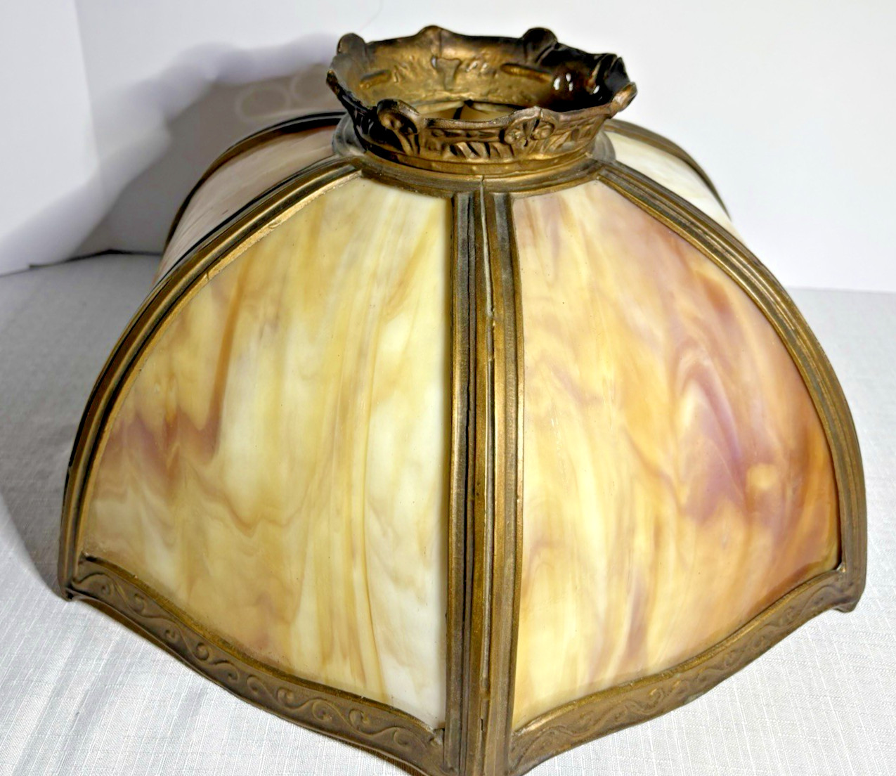 Vtg/Antq 6 Panel Slag Glass & Brass Shade-Amber Ivory Marbled Art Nouveau 15\